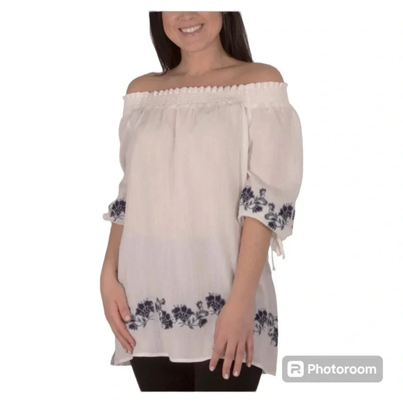 NY Collection Tops - NY Collection Embroidered Elbow Sleeve Peasant Blouse in white, LARGE